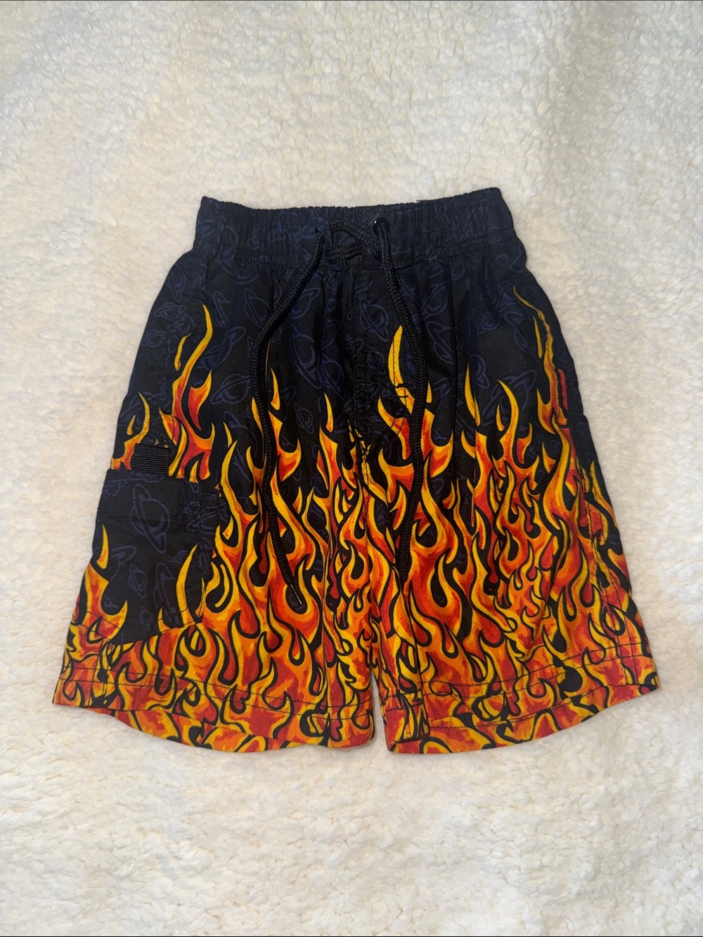 Kids Navy Swim Trunks with Yellow and Orange Flame Print